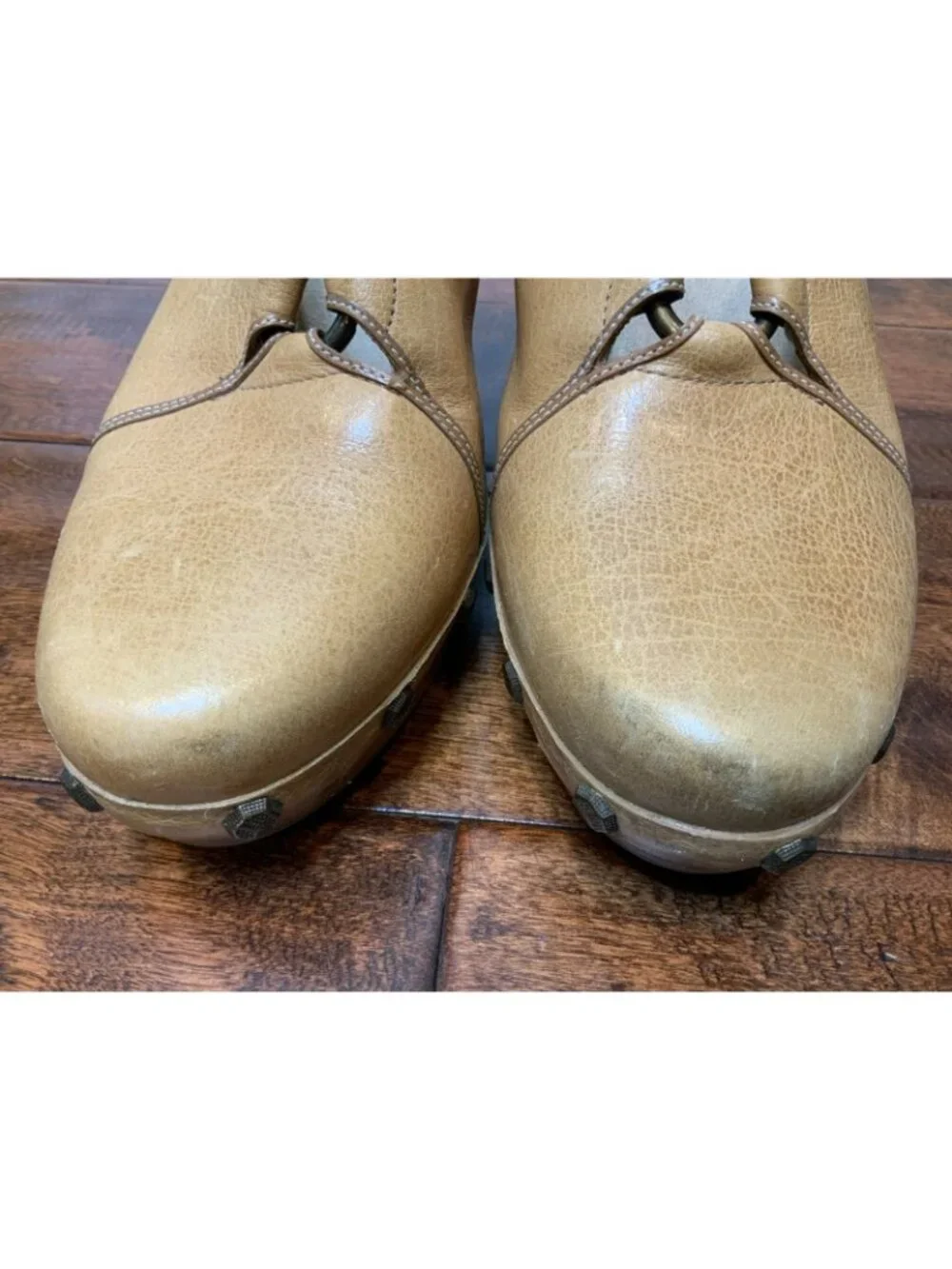 Cole Haan Tan Leather Studded Platform Mules W/Wooden Heels, Size 9